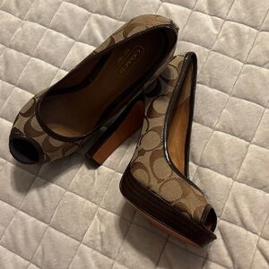 Coach Tan and Brown Patterned Peep Toe Heels